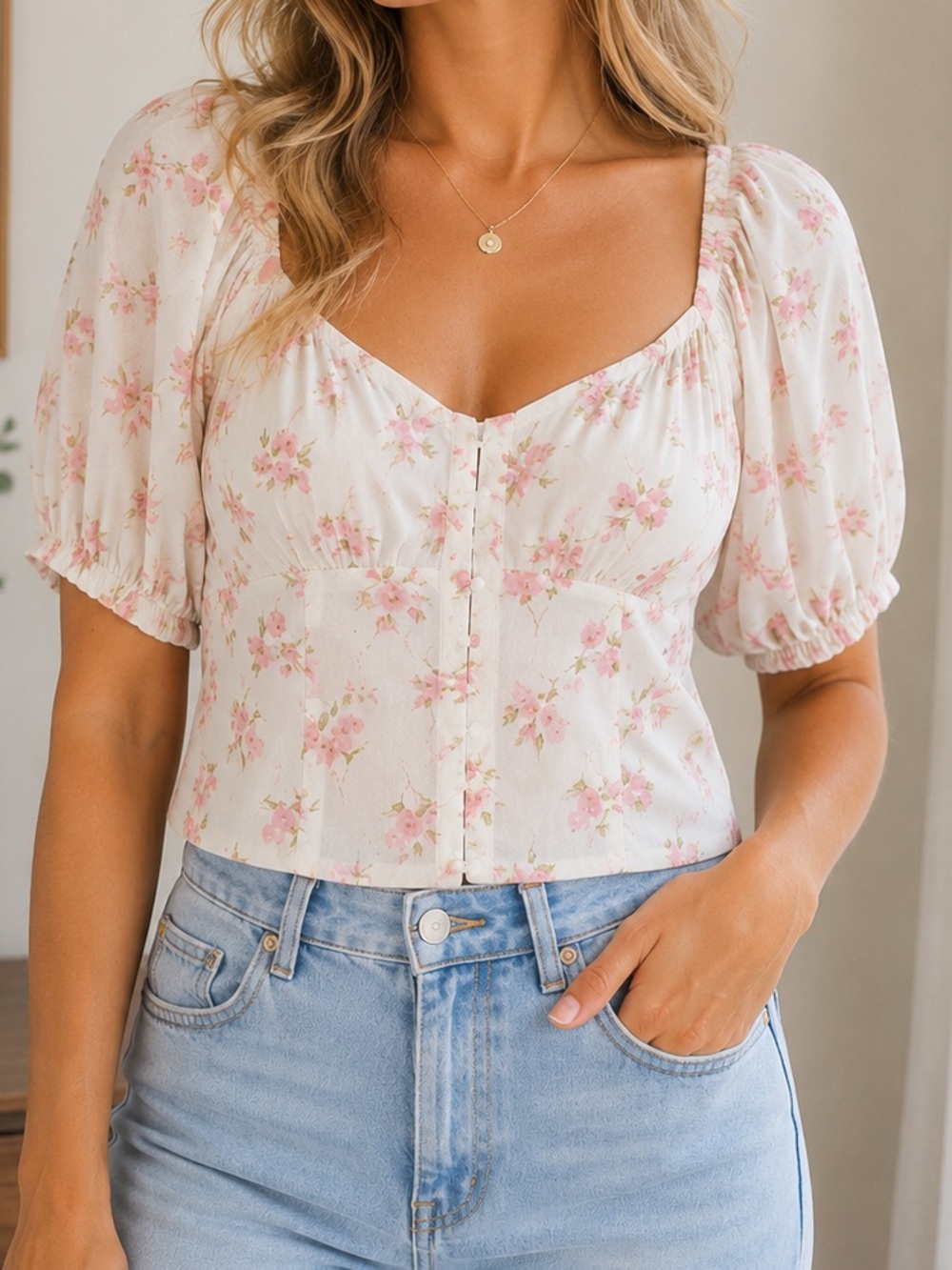 Sienna Sky Cream Floral Square Neck Puff Sleeve Top